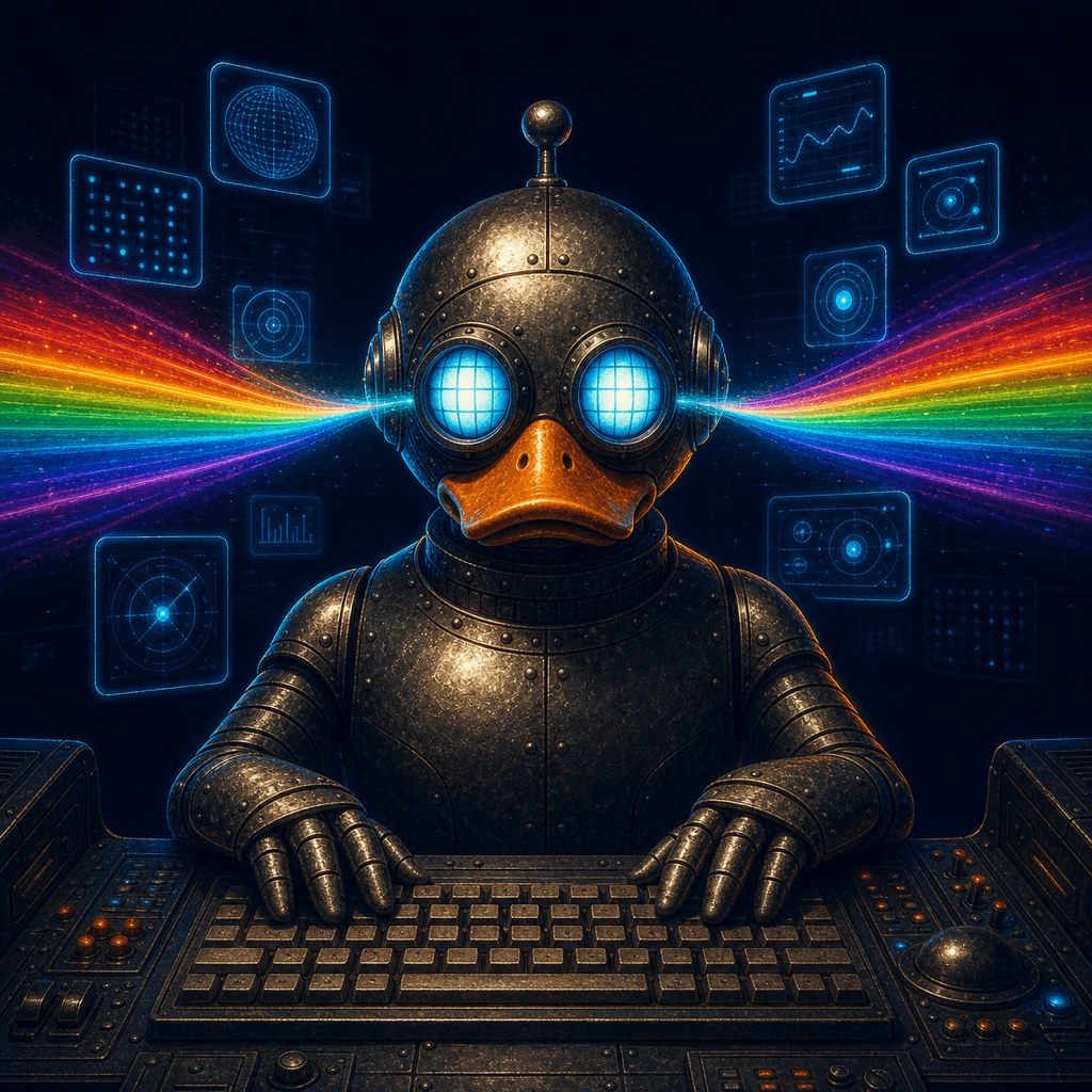 Günther at his console, prism data streams flowing in from both sides