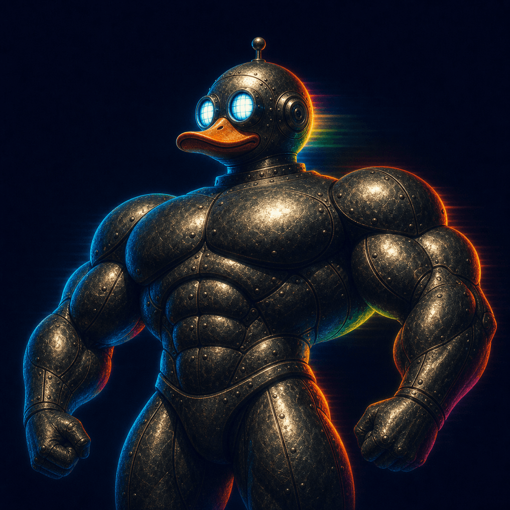 Günther as an absurdly muscular robot duck, lit by prism light