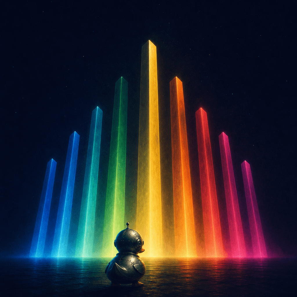 A small duck before glowing prism monoliths