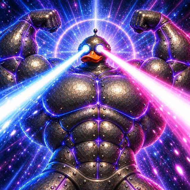 A god-like Günther, absurdly muscular, glowing, with laser eyes