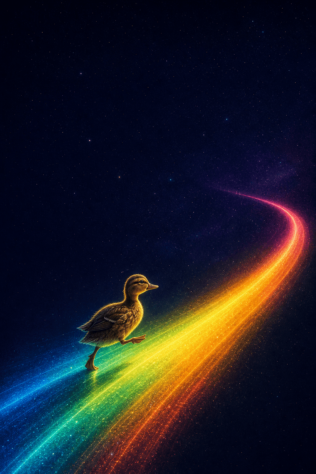 A duck in a silver suit running along a prism path