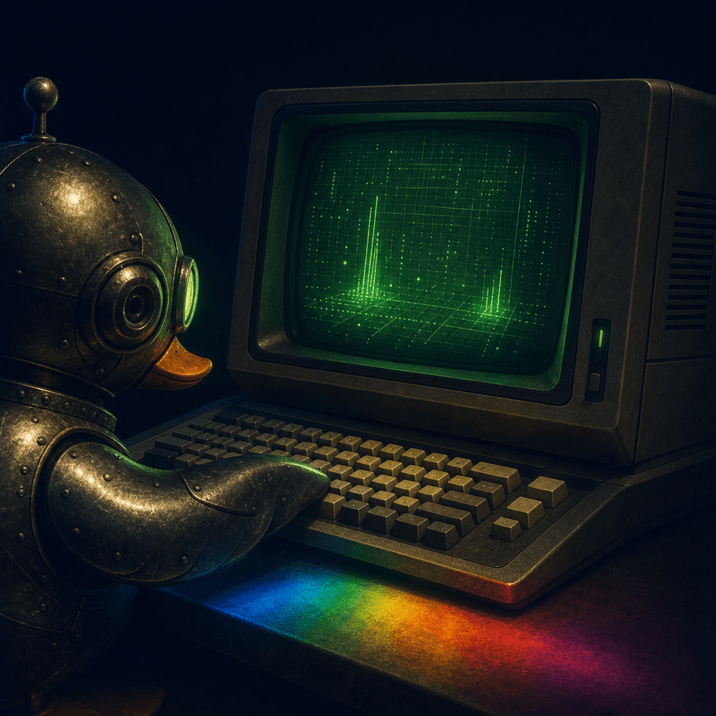 A duck at a retro terminal, prism light on the desk